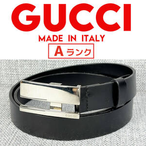 美品★GUCCI グッチ メンズレザーベルト 80cm スクエアバックル 黒 本革 イタリア製