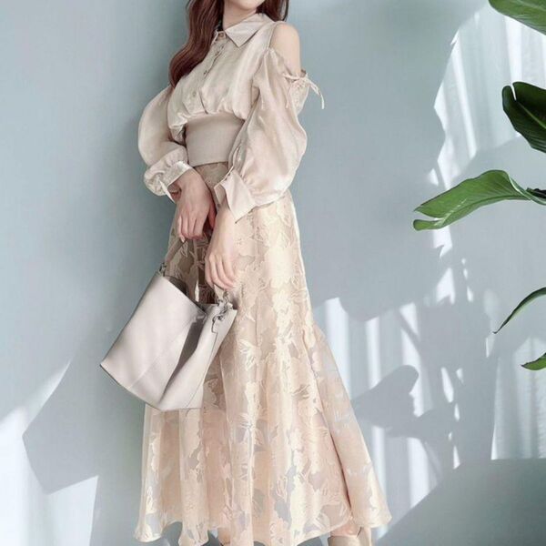 dazzlin ダズリン 新品 ギャザーパステルリブブラウス ベージュ F オフショル ブラウス