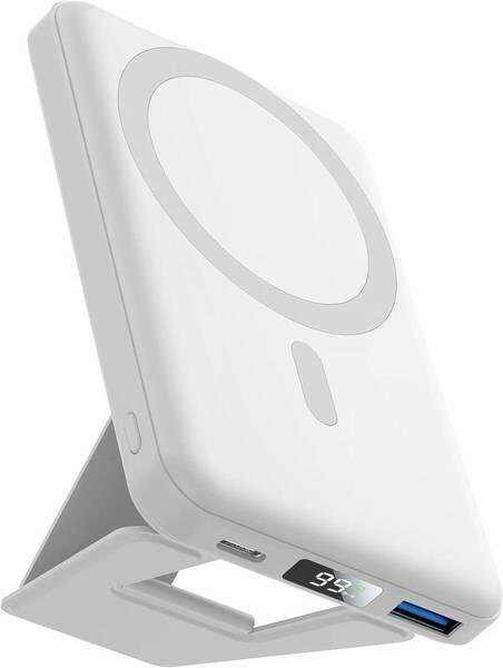 MagSafeモバイルバッテリー10000mAh スタンド付き ワイヤレス充電 マグネット式 iPhone15/14/13/12シリーズ専用 ホワイト