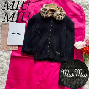 【良品】MIU MIU レオパード襟カーディガン ブラック ロゴ入り 38 M　ミュウミュウ　