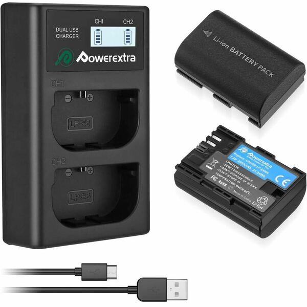 Powerextra LP-E6NH 互換バッテリー 2950mAh 2個+充電器セット LCD付き充電器 LP-E6/LP-E6N 充電式バッテリー PSE&CE認証済み 送料無料