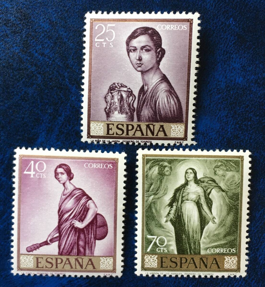 [绘画邮票] 西班牙 1965年 罗梅罗·德·托雷斯 画作 3种 未使用 罗梅罗·德·托雷斯 拿着瓶子的女孩 等, 古董, 收藏, 邮票, 明信片, 欧洲