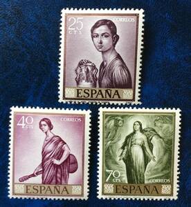 Art hand Auction [绘画邮票] 西班牙 1965年 罗梅罗·德·托雷斯 画作 3种 未使用 罗梅罗·德·托雷斯 拿着瓶子的女孩 等, 古董, 收藏, 邮票, 明信片, 欧洲