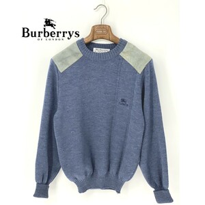 A9130/ Vintage 80s spring summer BURBERRY Burberry wool long sleeve original leather elbow patch knitted rib sweater S light blue Britain made men's 