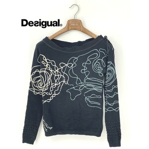 A9107/美品 春夏 Desigual デシグアル ウール アンゴラ 長袖 ボートネック リボンタイ ビーズ装飾 総柄 ニット セーター M 黒 レディース