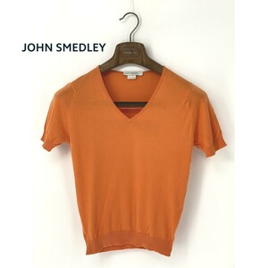 A9100/極美品 春夏 JOHN SMEDLEY ジョンスメドレー コットン 半袖 Vネック ニット リブ セーター カットソーXS オレンジ 英国製 レディース