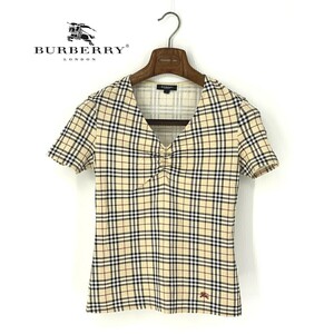 A6959/美品 春夏 BURBERRY LONDON バーバリーロンドン コットン ノバチェック 半袖 ギャザー カットソー Tシャツ 1 ベージュ/レディース