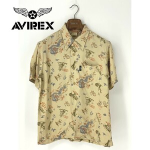 A7951/極美品 春夏 AVIREX アヴィレックス レーヨン 開襟 総柄 飛行機柄 半袖 カジュアル アロハシャツ M ベージュ/メンズ ハワイアン