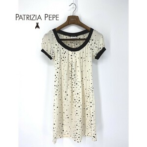 A6686/美品 春夏 PATRIZIA PEPE パトリツィアペペ シルク 総柄 クルーネック 半袖 ギャザープリーツ 膝丈 ワンピース 40 M 白/レディース