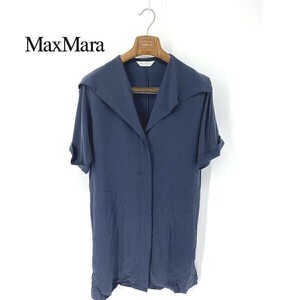 A5965/春夏 Max Mara マックスマーラ 白タグ シルク 無地 比翼 ゆったり ポケット付き 半袖 膝丈 ワンピース40程 紺/イタリア製 レディース