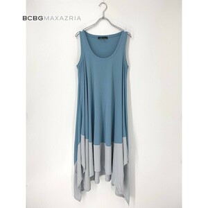 A7676/美品 春夏 BCBG MAXAZRIA マックスアズリア バルカラ― フリル フレア ノースリーブ ロング ミモレ丈 ワンピース XS 水色/レディース