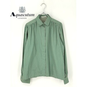 A8323/極美品 春夏 Aquascutum アクアスキュータム コットン ストライプ ラウンドカラー 長袖 ドレス シャツ36 M程 緑/スイス製 レディース