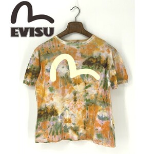 A8282/極美品 春夏 EVISU エヴィス コットン 総柄 迷彩 デカロゴ カモメ プリント 半袖 Tシャツ カットソー 40 L程 オレンジ/日本製 メンズ