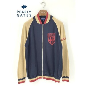 A8638/極美品 春夏 PEARLY GATES パーリーゲイツ ジップアップ 長袖 バイカラー ニット ブルゾン ジャケット 3 XL程 ベージュ 紺 メンズ