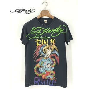 A8971/美品 春夏 Ed Hardy エド・ハーディー コットン クルーネック 半袖 デカロゴ プリント 装飾 Tシャツ カットソー S 黒 USA製 メンズ