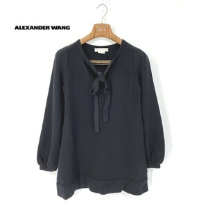 A6442/春夏 ALEXANDER WANG アレキサンダーワン カシミヤ100 リボンタイ 長袖 ワイドスリーブ プリーツ ニット セーター XS 黒/レディース