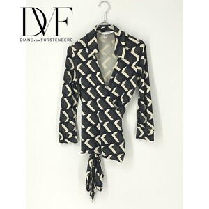 A7988/極美品 春夏 DIANE von FURSTENBERG ダイアン 総柄 シルク100% ボタンレス ベルト付き 長袖 シャツ ブラウス 4 M程 黒/レディース