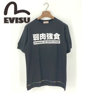 A8380/極美品 春夏 EVISU エヴィス コットン クルーネック ビッグプリント 弱肉強食 半袖 Tシャツ カットソー 40 XL程 黒/メンズ カモメ