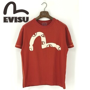 A8377/美品 春夏 EVISU エヴィス コットン クルーネック 大カモメ ビッグプリント ロゴ刺繍 半袖 Tシャツ カットソー 40 XL程 赤/メンズ