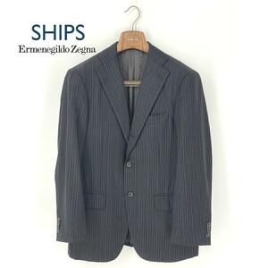 A8367/美品 秋冬 SHIPS シップス Zegna 生地 ウール ストライプ 段返り テーラード シングル3Bジャケット 44 AB5程 M程 黒/日本製 メンズ