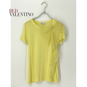 A8339/極美品 春夏 RED VALENTINO レッドヴァレンティノ リボン フリル付き クルーネック 半袖 Tシャツ カットソー M程 黄色/レディース