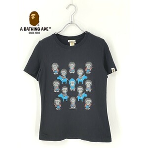 A8328/極美品 春夏 A BATHING APE アベイシングエイプ コットン プリント 半袖 Tシャツ カットソーXS 黒/日本製 メンズ レディース