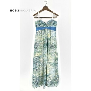 A8287/美品 春夏 BCBGMAXAZRIA ビーシービージーマックスアズリア 総柄 チューブトップ ロング マキシ丈 ワンピースS程 4 水色/レディース