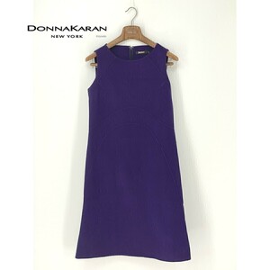 A8034/極美品 春夏 DONNA KARAN ダナキャラン ウール 無地 デザイン ノースリーブ フレア ミモレ丈 膝丈 ワンピース 6 M程 紫/レディース