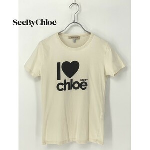 A9081/極美品 春夏 SEE BY CHLOE シーバイクロエ コットン 半袖 クルーネック デカロゴプリント Tシャツ カットソー I40 M程 白 レディース