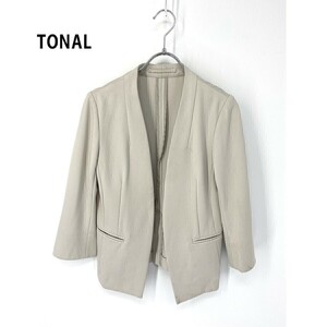 A6317/春夏 裏地無し TONAL トーナル レーヨン ナイロン ノーカラー ボタンレス テーラード ブレザー ジャケット36 灰色/日本製 レディース