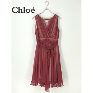 A7868/美品 春夏 Chloe クロエ シルク100% ノースリーブ ギャザー プリーツ フリル ベルト付 ドレス 膝丈 ワンピース T2 M程 赤/レディース