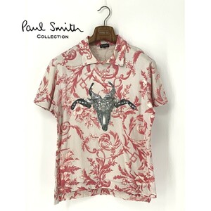 A8743/春夏 Paul Smith collection ポールスミス 半袖 花柄 総柄 ビッグ ロゴ プリント 襟付き Tシャツ カットソー L ピンク メンズ