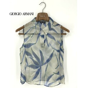 A8539/春夏 GIORGIO ARMANI アルマーニ 黒ラベル シルク100% ノースリーブ 花柄 ブラウス カットソー 38 XS程 灰色/イタリア製 レディース