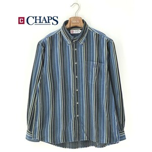 A8964/極美品 春夏 CHAPS チャップス コットン 長袖 ベロア ストライプ 胸ロゴ刺繍 ボタンダウン カジュアル ネルシャツLL青 メンズ 日登美