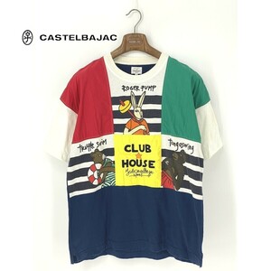 A8937/春夏 CASTELBAJAC カステルバジャック コットン 半袖 ボーダー クルーネック プリント 切り替え Tシャツ カットソー 3 L程 白 メンズ