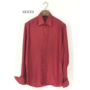 A8922/春夏 GUCCI グッチ シルク100% 無地 長袖 ダブルカフス レギュラーカラ― ドレス カッター Yシャツ40/15 1/4 L程 赤 メンズ スーツ用