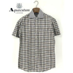 A9013/極美品 春夏 Aquascutum アクアスキュータム コットン リネン 半袖 ワイドカラー チェック カジュアル シャツ M 灰色 日本製 メンズ