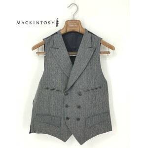 A8528/極美品 春夏 Mackintosh マッキントッシュ ウール 英国製生地 ストライプ ヘリンボーン ダブル ベスト ジレ AB6 L程 灰色/メンズ