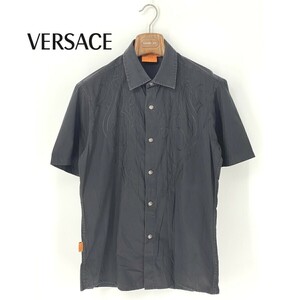 A8966/美品 春夏 VERSACE ヴェルサーチ メデューサ 半袖 民族柄 スナップボタン 銀ボタン カジュアル ワーク ドレス シャツ L 黒 メンズ