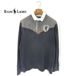 A6188/春夏 POLO RALPH LAUREN ポロ ラルフローレン コットン 部分牛革 ラガー ワッペン 長袖 ポロシャツ Tシャツ カットソー L灰色/メンズ