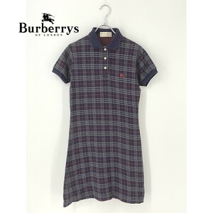 A7887/ビンテージ 美品 春夏 BURBERRY バーバリー コットン ノバチェック 半袖 ニット リブ 膝丈 シャツ ワンピース M 紺/レディース