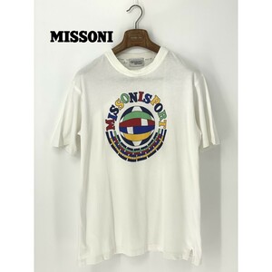 A9146/ビンテージ 90s 春夏 MISSONI SPORT ミッソーニ コットン クルーネック 半袖 デカロゴプリント Tシャツ カットソー L 白 メンズ