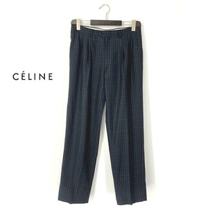 A7398/美品 春夏 CELINE セリーヌ ウール チェック テーパード スラックス パンツ トラウザーズ 40 L程 濃緑/フランス製 レディース