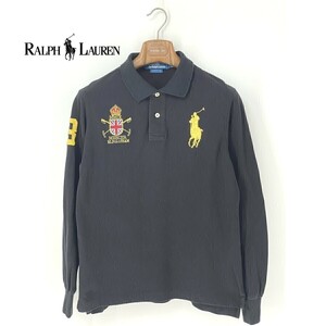 A8592/ビンテージ 90s 春夏 POLO RALPH LAUREN ラルフローレン コットン 長袖 ボーダー ビッグポニー ポロシャツ ラガーシャツ S黒/メンズ