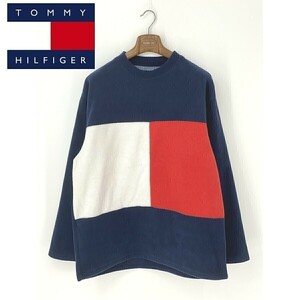 A7902/美品 春夏 TOMMY HILFIGER トミー・ヒルフィガー ボア フリース プルオーバー デカロゴ 長袖 トレーナー Tシャツ M程 紺/メンズ