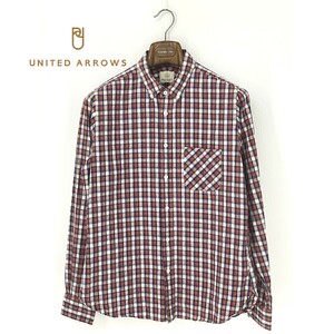 A8506/極美品 春夏 UNITED ARROWS ユナイテッドアローズ コットン ボタンダウン チェック 長袖 カジュアル シャツ L 赤 日本製/メンズ