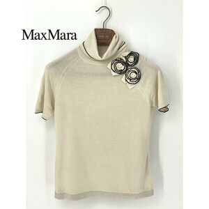 A8952/訳あり 春夏 Max Mara マックスマーラ シルク カシミヤ 半袖 花モチーフ タートルネック ニット セーター M オフホワイト レディース