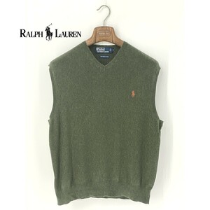 A8486/極美品 春夏 POLO RALPH LAUREN ポロ・ラルフローレン ピマコットン ノースリーブ ニット リブ セーター ベスト ジレ L 緑/メンズ