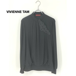 A8481/春夏 VIVIENNE TAM ヴィヴィアンタム ナイロン マオカラー デザイン 長袖 Tシャツ リブ カットソー ブラウス 0 S程 黒/レディース