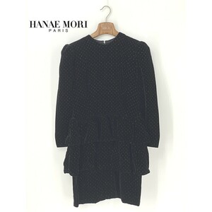 A8928/極美品 春夏 HANAE MORI ハナエモリ 長袖 ベロア 総柄 装飾 ノーカラー ティアード フリル 膝丈 ワンピース 9A3 M程 黒 レディース